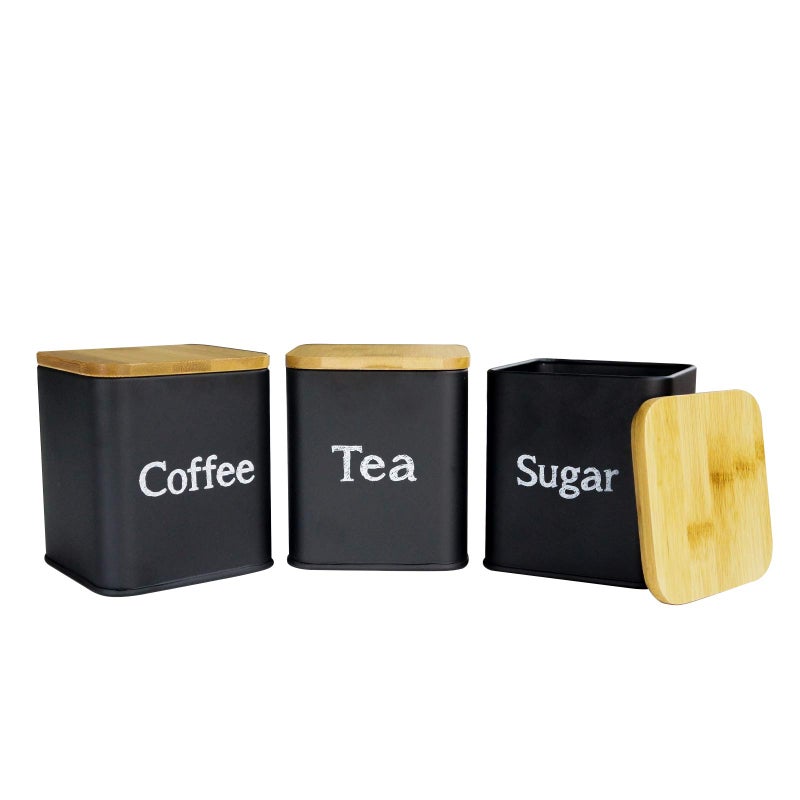 SOTECH 3 Pcs Kitchen Canister Set Coffee Sugar and Tea Storage Container Jars Metal with Bamboo Lid Square Black Snack Kitchen Food Storage Containers (Black jars) - Image 1